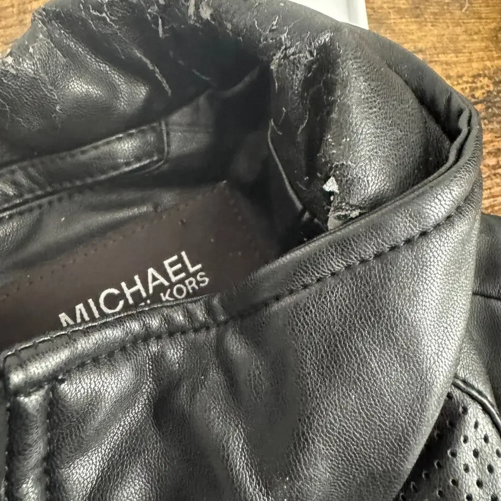 Michael Kors Men’s Black Faux Leather Jacket Size L Damage to Neck Area